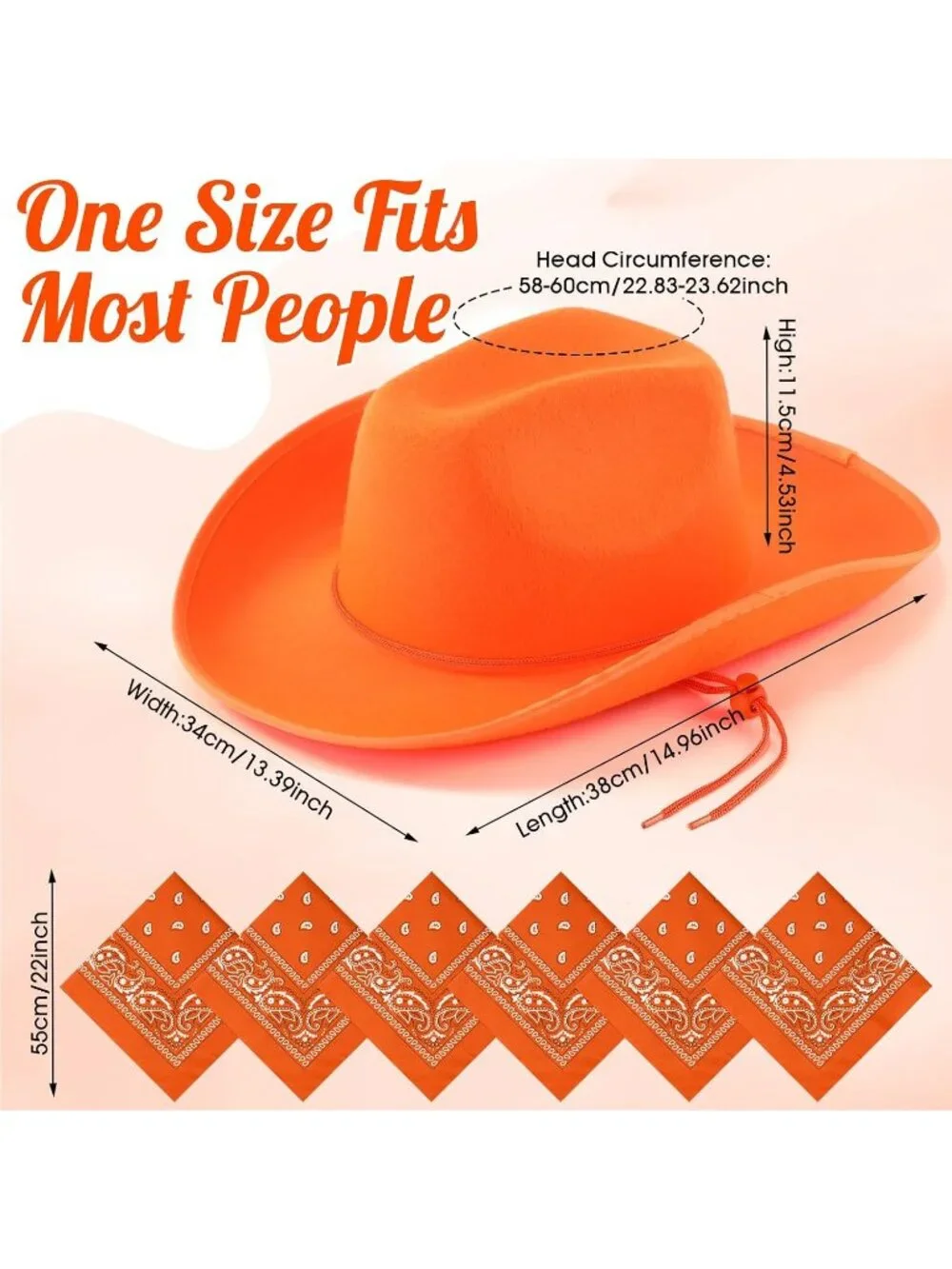 Men's Orange Bandanas Bulk Adjustable Felt Western Cowboy Cowgirl Hat 12 Pcs